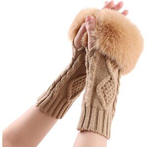 Women's Khaki Winter Arm Warmers Wrist Thumb Hole Faux Fur Fingerless Gloves